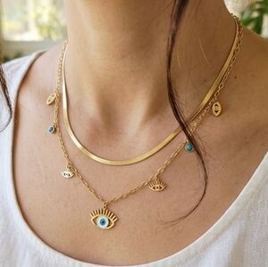 ​18K Gold Plated Double Layered Snake Chain & Evil Eye Charm Necklace